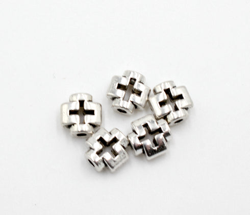 Cross Beads, 8mm x 8mm, Antique Silver, Sold As 10 Pieces.